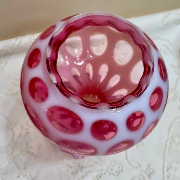 Vintage Fenton Opalescent Coin Dot Cranberry Boudoir Glass Lamp Light PAIR Marbl - Picture 10 of 16